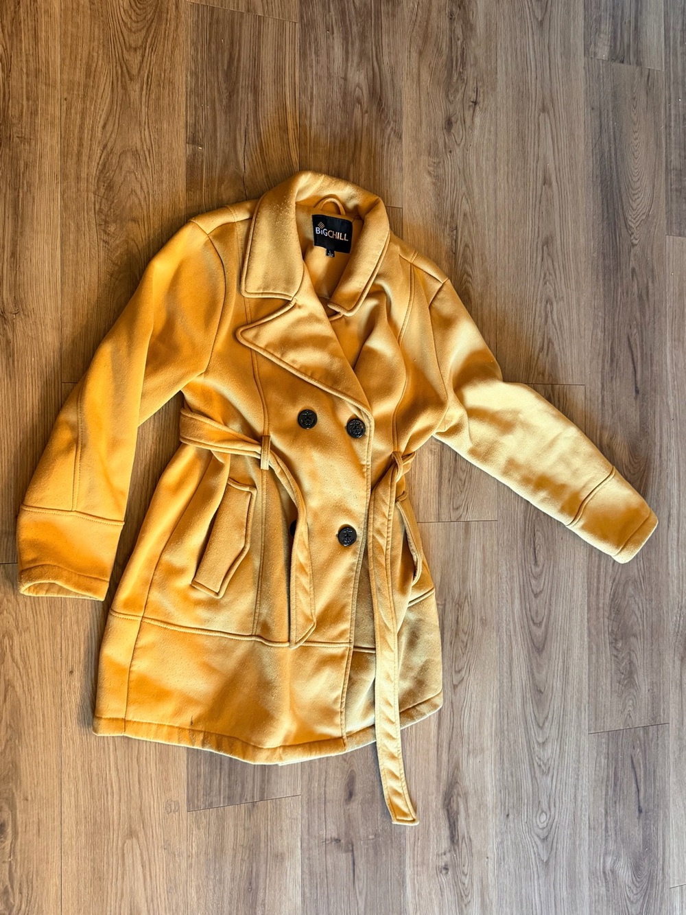 Big Chill Women's Mustard Yellow Double-Breasted Belted Wool Coat